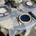 Round Jacquard tablecloth, stain resistant Teflon "Carces" blue and  grey