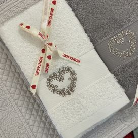 Box of 2 embrodery guest hand towel "Heart" ecru and grey