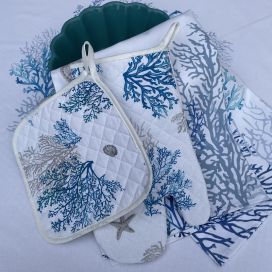 Kitchen towel, pot holder and hoven glove "Lagon" blue by Tissus Toselli