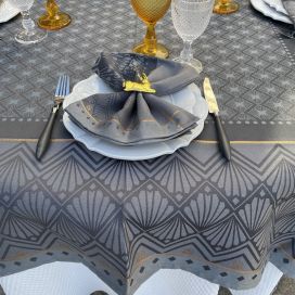 Rectangular Jacquard polyester tablecloth "Festif" grey and gold from "Sud Etoffe"