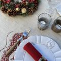 Rectangular Jacquard tablecloth "Albertville" beige and red, Tissus Toselli