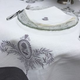 Square linen and polyester tablecloth "Elégance" white and grey linen bordure
