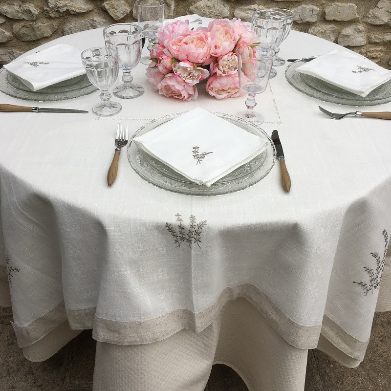Nappe carrée campagne romantique gris décor poules brodées et dentelle  150x150cm 100% coton PADOU, Linge de table