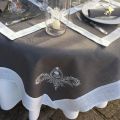 Round linen and polyester tablecloth "Elégance" grey and white  linen bordure