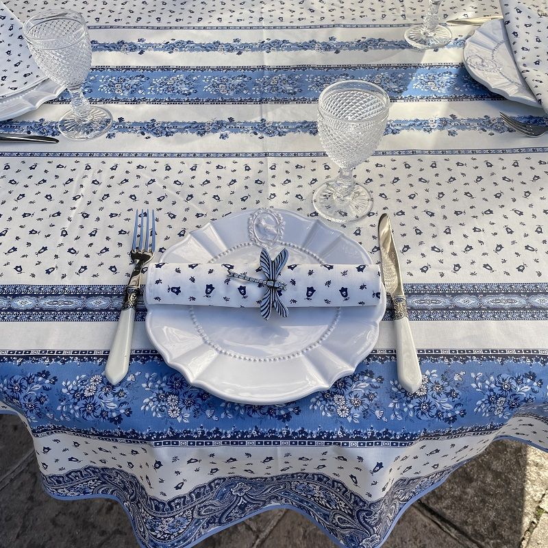 Coated cotton round tablecloth "Tradition" blue and white "Marat d'Avignon"