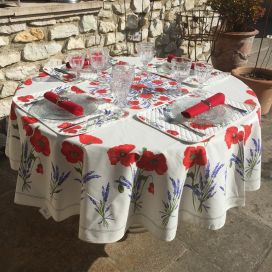 Round tablecloth in cotton "Poppies and Lavender" ecru