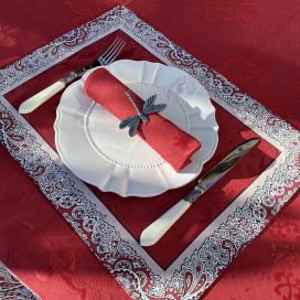 Lot de 6 sets de table damassés Delft rouge, bordure "Bastide" rouge et gris