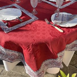 Square damask Jacquard tablecloth  : Delft red, bordure "Bastide" red and grey