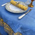 Rectangular damask Jacquard tablecloth Delft blue, bordure "Avignon" yellow
