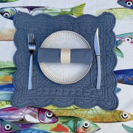 Set de table carré en Boutis bleu "Cremeria" et serviette assortie