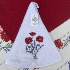 Embrodery round hand towel "Poppies and lavenders" white