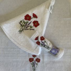 Embrodery kitchen or hand towel "Poppies and lavender" white