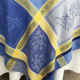 Square Jacquard tablecloth, Teflon "Olivia" blue, yellow, by Tissus Toselli