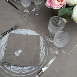 Square linen and polyester tablecloth "Elégance" taupe and white  linen bordure