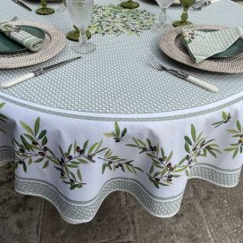 Coated cotton round tablecloth "Nyons" ecru and green, by TISSUS TOSELLI