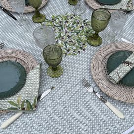 Rectangular coated cotton tablecloth "Nyons" olives ecru and green