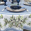Round cotton tablecloth "Nyons" olives ecru and blue, by Tisus Toselli
