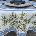 Round cotton tablecloth "Nyons" olives ecru and blue, by Tisus Toselli