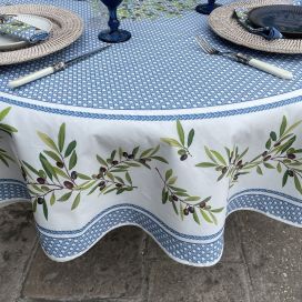 Coated cotton round tablecloth "Nyons" ecru and blue, by TISSUS TOSELLI