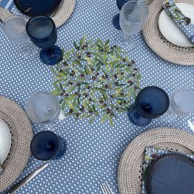 Rectangular coated cotton tablecloth "Nyons" olives ecru and blue