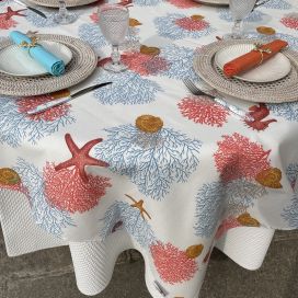 Round coated cotton tablecloth "Corail" white Sud Etoffe