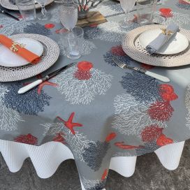 Round coated cotton tablecloth "Corail" grey Sud Etoffe