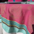 Rectangular webbed Jacquard tablecloth "Cassis" turquoise, fuchsia, Tissus Toselli