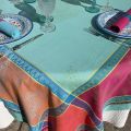 Rectangular webbed Jacquard tablecloth "Cassis" turquoise, fuchsia, Tissus Toselli