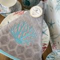 Embrodery round hand towel "Corail" grey and turquoise