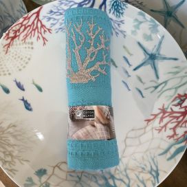Embrodery kitchen or hand towel "Corail" turquoise and grey