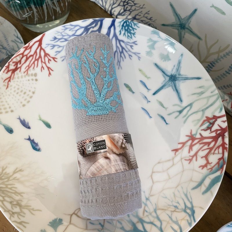 Essuie-main rond en éponge brodé Corail turquoise et gris -  laboutiquedelea