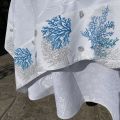 Square damask Jacquard tablecloth Delft white, bordure  "Corail" blue