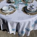 Square damask Jacquard tablecloth Delft white, bordure  "Corail" blue