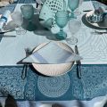 Rectangular Jacquard polyester tablecloth "Chamaret" ether et turquoise  from "Sud Etoffe"