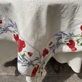 Rectangular damask Jacquard Tablecloth Delft ecru, bordure "Coquelicots et lavandes"