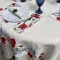 Rectangular damask Jacquard Tablecloth Delft ecru, bordure "Coquelicots et lavandes"