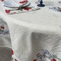 Square damask Jacquard Tablecloth Delft ecru, bordure "Coquelicots et lavandes"