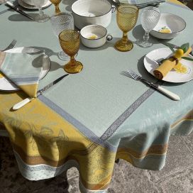 Square Jacquard tablecloth "Cédrat" green and yellow by Tissus Toselli