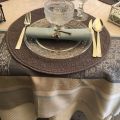 Square Jacquard polyester tablecloth "Chamaret" Off white and grey  from "Sud Etoffe"