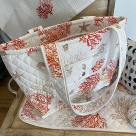 Quilted coton shopping bag "Moustiers" ecru and orange