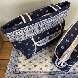 Quilted coton shopping bag "Bastide" blue and white