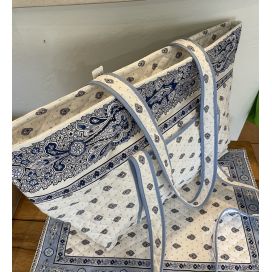 Quilted coton shopping bag "Bastide" white and blue