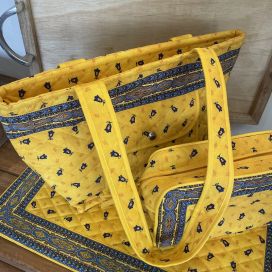 Quilted coton shopping bag "Tradition" yellow and blue
