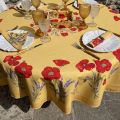 Nappe provençale  ronde en coton enduit Coquelicots et Lavandes jaune, Tissus Toselli