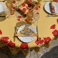Nappe provençale  ronde en coton enduit Coquelicots et Lavandes jaune, Tissus Toselli