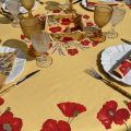 Nappe provençale  ronde en coton enduit Coquelicots et Lavandes jaune, Tissus Toselli