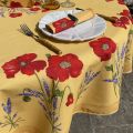 Rectangular placed cotton tablecloth "Poppies and Lavender" yellow from Tissus Toselli in Nice