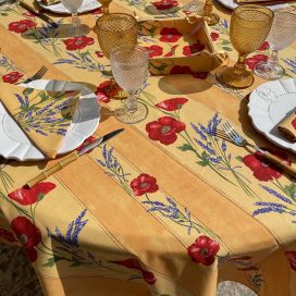 Rectangular provence cotton tablecloth "Poppies and Lavender" yellow from Tissus Toselli in Nice
