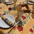 Rectangular provence cotton tablecloth "Poppies and Lavender" yellow from Tissus Toselli in Nice