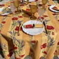 Rectangular coated cotton tablecloth "Poppies and Lavender" yellow